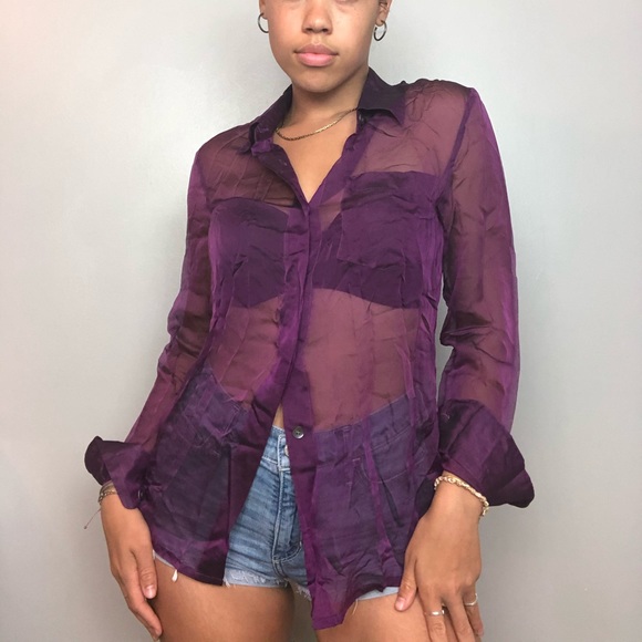 sheer purple button up - Picture 2 of 4